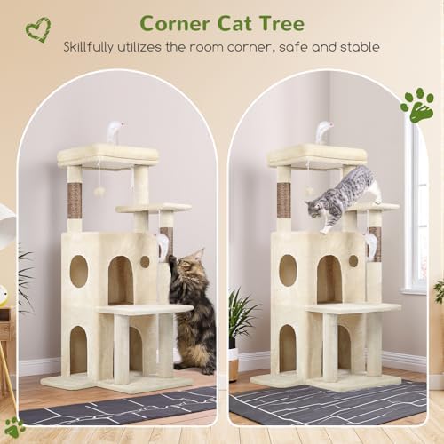 Globlazer Cat Tree Tower for Indoor Cats, 50-inch Adult Cat Tree House for Large Adult Cats with Steps, Scratching Post, 2 Cat Caves, Dangling Toys, FC50, Beige - Image 2