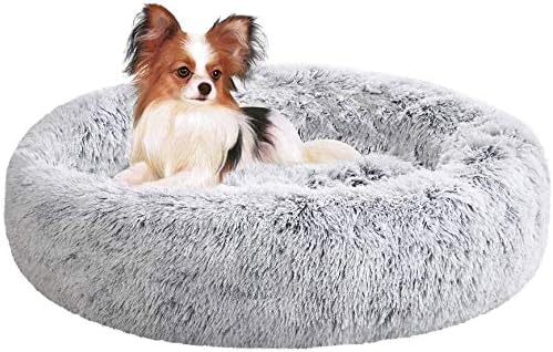 SAVFOX 30 inches Calming Donut Dog Bed - 3X Durable Plush Faux Fur, Machine Washable & Non-Slip, Fits up to 45 lbs, Light Grey