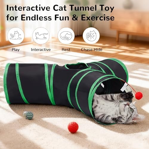 Tempcore Cat Tunnel, 3-Way Collapsible Toy for Indoor Cats, Black & Green - Image 3