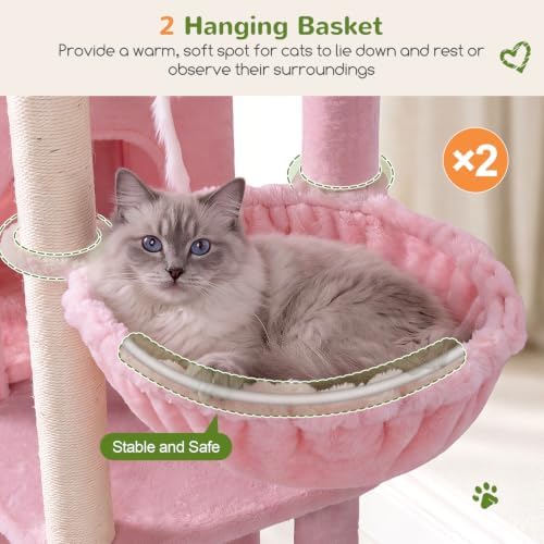 Globlazer Cat Tree Tower for Indoor Cats, Sturdy Adult Cat Tree House for Large Adult Cats with 2 Platform, 6 Cat Scratching Post, 2 Cat Caves, Dangling Toys, S63, 63 inch, Pink - Image 4