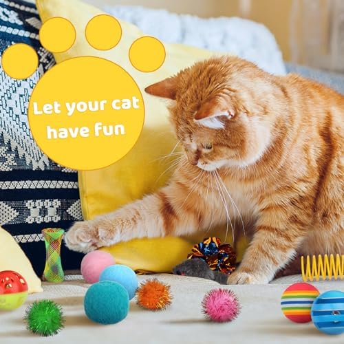 QUOZUO Kitten Toys, 60PCS Cat Balls Springs Toy Set, Cat Mouse Toy, Kitten Sparkle Crinkle Balls Furry Soft Pom Pom - Image 5
