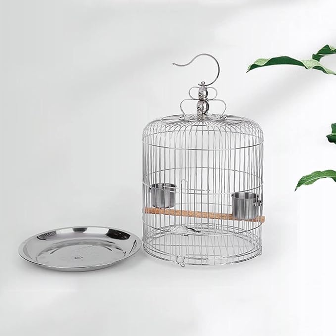 Stainless Steel Bird Cage Round Hanging Bird Carriers with Hook Birdcages for Home Garden Outdoor Small Parrot Birdcage，Wood 38cm/14.9in