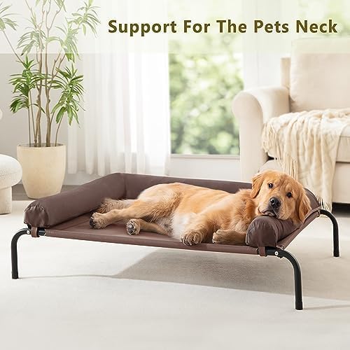 Cooling Elevated Dog Bed - Outdoor Medium Raised Dog Cot W/Breathable Mesh, Portable Pet Cot W/Removable & Waterproof Bolster,Elevated Dogs Beds