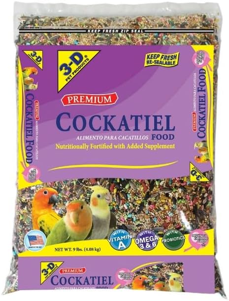 3~D Pet Products Premium Cockatiel Mix Bird Food Seeds, with Probiotics ~ 9 Lb Bag ~ 1 Pack.