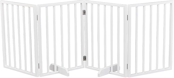BONNLO Free Standing Dog Gate Indoor, Foldable Pet Gate for Dogs and Puppy, 24" Height Wooden Dog Gates for Doorways Extra Wide/Stairs/Hallways (White, 4 Panel)