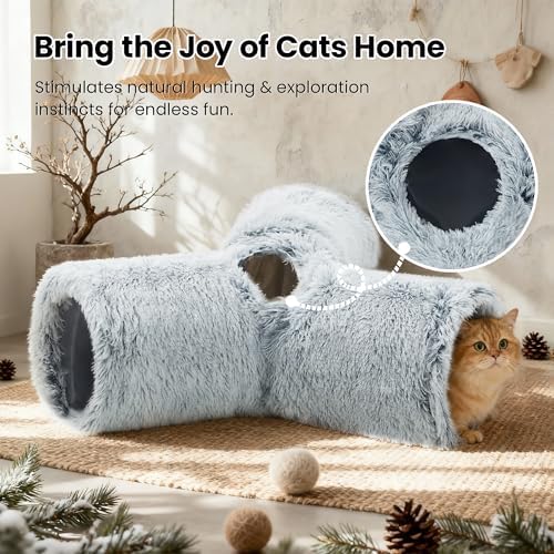 Tempcore Plush Cat Tunnel, 3-Way Collapsible Toy for Indoor Cats, Grey - Image 4