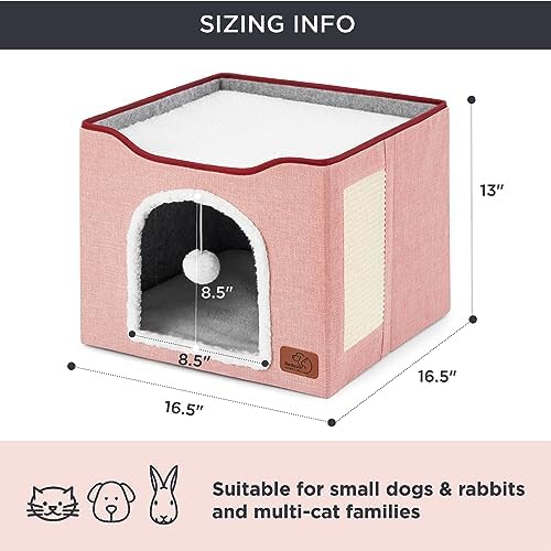 Bedsure Cat Beds for Indoor Cats - Large Cat Cave for Pet Cat House with Fluffy Ball Hanging and Scratch Pad, Foldable Cat Hideaway,16.5x16.5x13 inches, Pink - Image 6