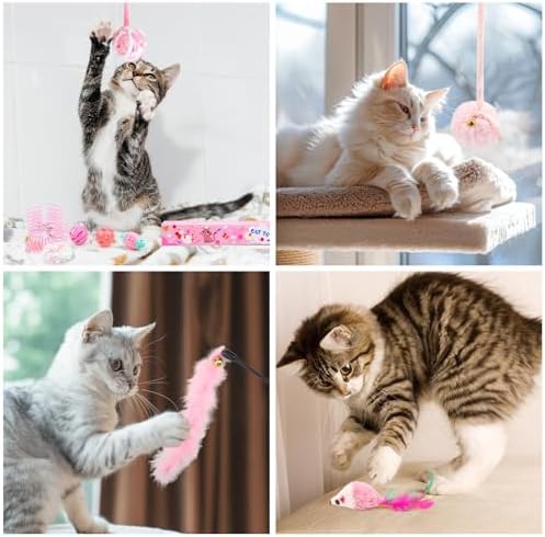 QUOZUO Pink Cat Toy Kitten Toys Set, Hanging Interactive Kitten Toys Wand Springs Mice Crinkle Balls and Pet Bell Balls Toys for Indoor Cats, 12Pcs Gift Box Styles (Pink) - Image 4