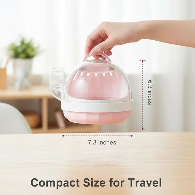 Portable Small pet Carrier with Water Bottle – Hamster Travel cage with Transparent Dome Design, Suitable for Hamsters, Sugar Gliders, and Guinea Pigs. (White Peach Pink)
