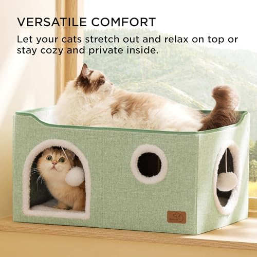 Bedsure Extra Wide Cat House Bed with Fluffy Ball and Scratch Pad,Green - Image 3