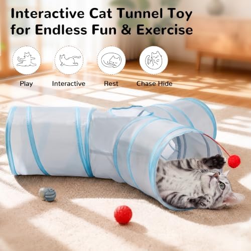 Tempcore Cat Tunnel, 3-Way Collapsible Toy for Indoor Cats, Grey & Blue - Image 4