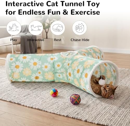 Tempcore Cat Tunnel, 3-Way Collapsible Toy, Large Size Daisy Green Printed - Image 4