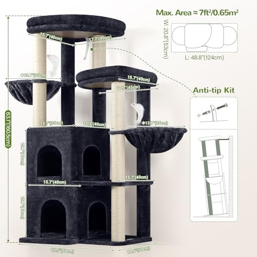 Globlazer Cat Tree Tower for Indoor Cats, Sturdy Adult Cat Tree House for Large Adult Cats with 2 Platform, 6 Cat Scratching Post, 2 Cat Caves, Dangling Toys, S63, 63 inch, Dark Grey - Image 6