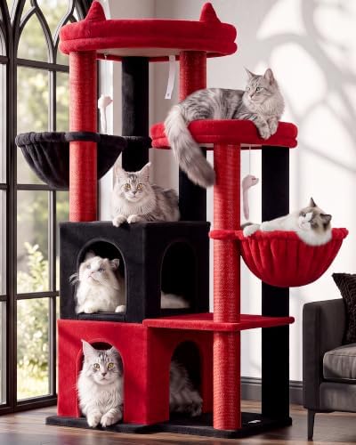Globlazer Cat Tree Tower for Indoor Cats, Sturdy Adult Cat Tree House for Large Adult Cats with 2 Platform, 6 Cat Scratching Post, 2 Cat Caves, Dangling Toys, S63, 63 inch, Red Black by Globlazer