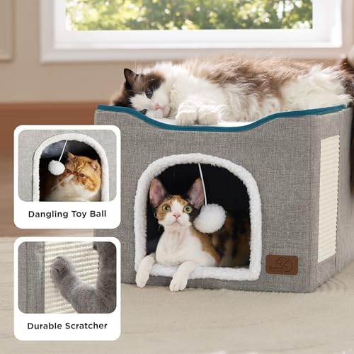Bedsure Cat House Bed for Indoor Cats with Fluffy Ball and Scratch Pad - Image 4