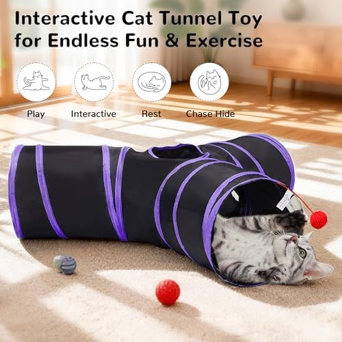 Tempcore Cat Tunnel, 3-Way Collapsible Toy for Indoor Cats, Black & Purple - Image 3