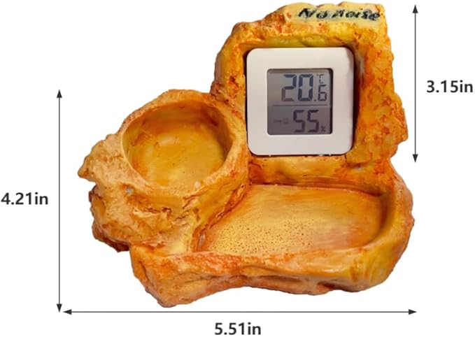 Reptile Rock-Shaped Thermometer & Hygrometer Combo with Food & Water Bowls - Multi-Functional Feeding & Hydration Station for Lizards, Geckos, Snakes & More