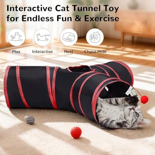 Tempcore Cat Tunnel, 3-Way Collapsible Toy for Indoor Cats, Black & Red - Image 3