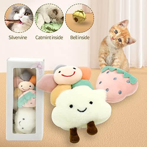 Kitten Chew Toys for Teething with Catnip ?€? 3Pcs Bite Resistant Plush Cat Toys (Strawberry, Cloud Bell, Sunflower Stick) - Image 6