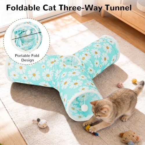 Tempcore Cat Tunnel, 3-Way Collapsible Toy, Large Size Daisy Blue Printed - Image 6