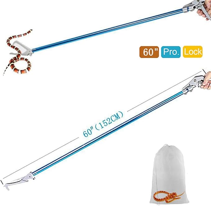 Snake Tong Catcher–Professional Reptile Rescue Grabber Aluminum Alloy with Wide Jaw Locking Mechanism and Comfort Grip for Safe Rattlesnake Control and Removal Tool (60inch Snake Tong)