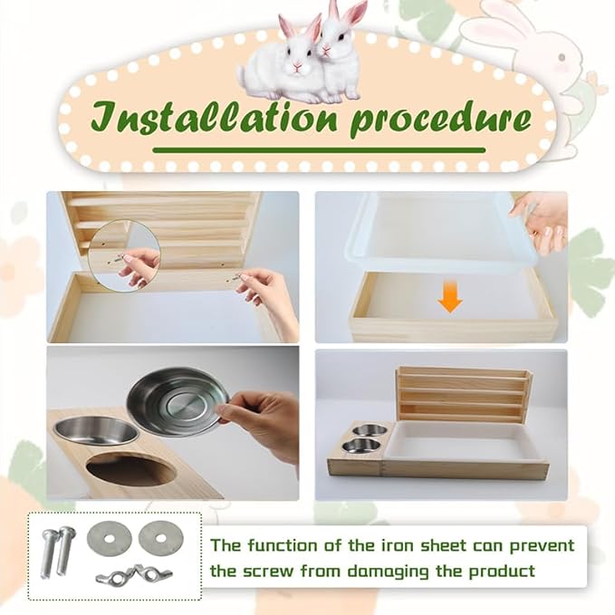Rabbit Hay Feeder with Litter Box, 3 in 1 Wooden Bunny Feeder, Small Animal Hay Holder Rack for Rabbit, Guinea Pig, Hamster, Ferrets