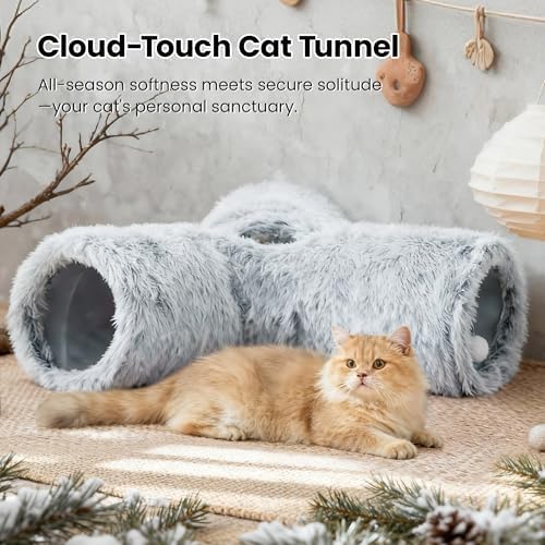Tempcore Plush Cat Tunnel, 3-Way Collapsible Toy for Indoor Cats, Grey - Image 5