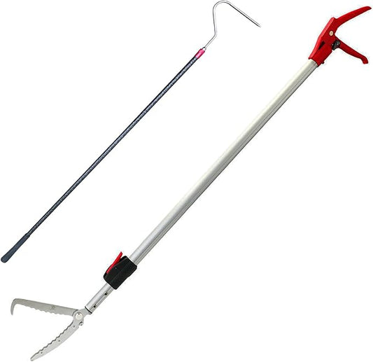 55‘’-87‘’Telescopic Snake Tong Reptile Grabber,Aircraft-Grade Aluminum Alloy Rattle Snake Catcher Wide Jaw Handling Tool with Lock，Also Get a 48‘’ Carbon Rod Snake Hook