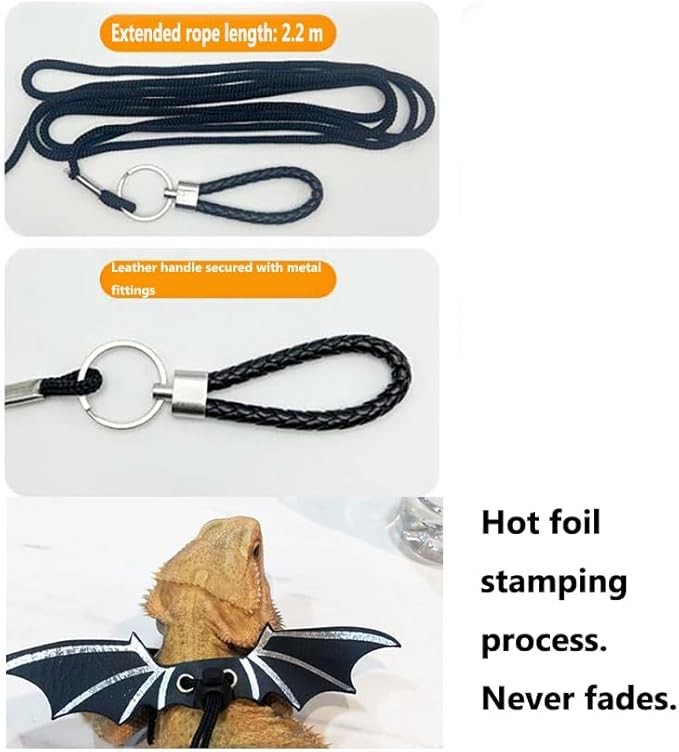 Bearded Dragon Leash and Lizard Harness Adjustable (S,M,L,3 Size) Leather Wing Lizard Iguanas Leash Geckos Reptile for Amphibians Small Pet Animals Gold
