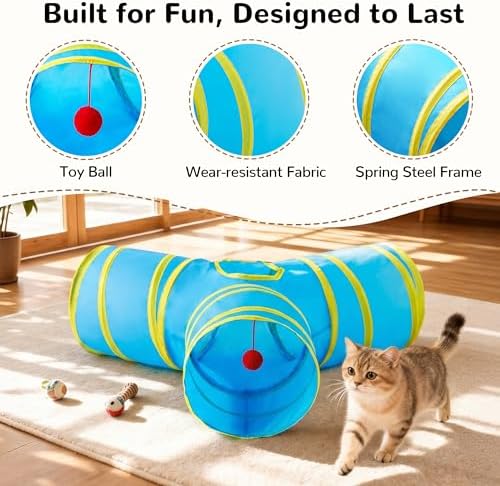 Tempcore Cat Tunnel, 3-Way Collapsible Toy for Indoor Cats, Blue & Yellow - Image 5