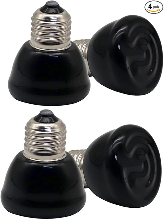 Mini Reptile Heat Lamp Bulb Ceramic Infrared Heat Emitter（4 Pack） E26/E27 Base, AC110V, for Pet Amphibian Snake, Turtle, Lizard, Chicken, Brooder Coop, No Light (50, Watts)