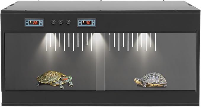 Reptile Breeding Box, Dual-Zone Temperature Controlled Terrarium Precision Thermostat Large PVC Glass Habitat with 3 E27 Lighting Heating Enclosure for Reptile Incubation Daily Feeding Display (Black)