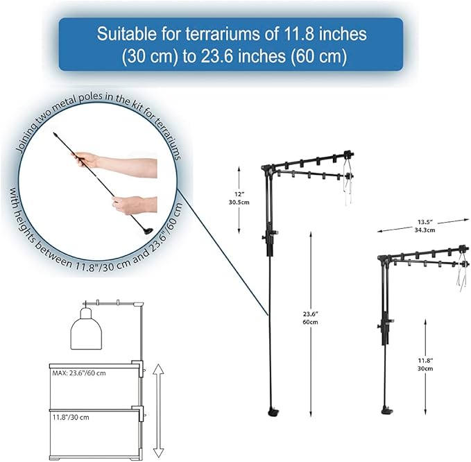 Dual-Head Reptile Metal Heat Lamp Stand, Adjustable Heating Lamp Holder Ideal for Reptile Glass Terrarium Amphibians/Terrestrial Invertebrates Vivarium