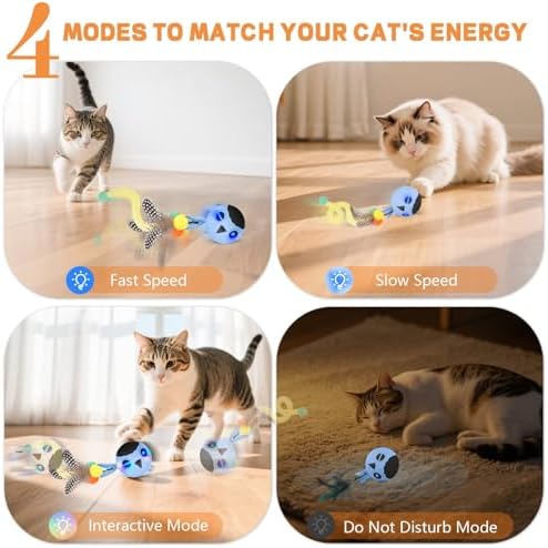 Cat Ball Toy, Upgraded Smart Motion Sensor Moving Ball with 3 Speed Modes & 4 Sounds, Interactive Toy for Indoor Cats, Motion Activated, Chirping Light, 2 Feather Tails(Blue) - Image 2