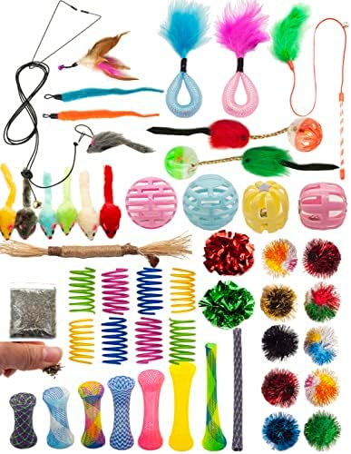 Fashion's Talk Cat Toys 50 Pcs for Indoor Cats,Interactive Door Hanging Mice Feather Toy Cat Spring Toy Cat Wand Catnip Crinkle Balls Silvervine Stick by Fashion%27s+Talk
