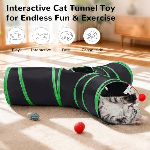 Tempcore Cat Tunnel, 3-Way Collapsible Toy, Large Size Black & Green - Image 4