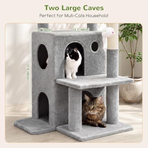 Globlazer Cat Tree Tower for Indoor Cats, 50-inch Adult Cat Tree House for Large Adult Cats with Steps, Scratching Post, 2 Cat Caves, Dangling Toys, FC50, Light Grey - Image 4