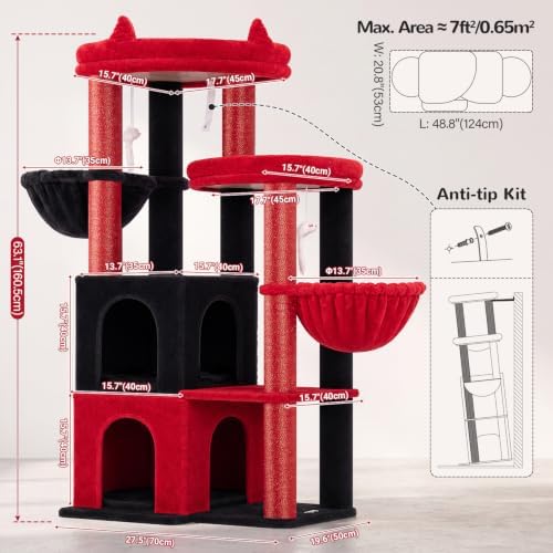 Globlazer Cat Tree Tower for Indoor Cats, Sturdy Adult Cat Tree House for Large Adult Cats with 2 Platform, 6 Cat Scratching Post, 2 Cat Caves, Dangling Toys, S63, 63 inch, Red Black - Image 6