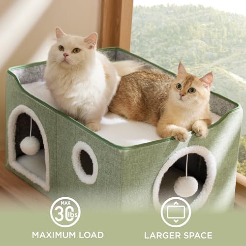Bedsure Extra Wide Cat House Bed with Fluffy Ball and Scratch Pad,Green - Image 5