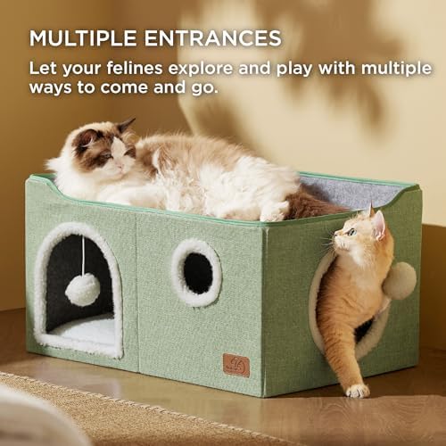 Bedsure Extra Wide Cat House Bed with Fluffy Ball and Scratch Pad,Green - Image 2
