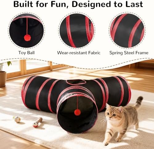 Tempcore Cat Tunnel, 3-Way Collapsible Toy for Indoor Cats, Black & Red - Image 5