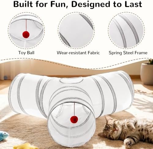 Tempcore Cat Tunnel, 3-Way Collapsible Toy for Indoor Cats, White & Grey - Image 5