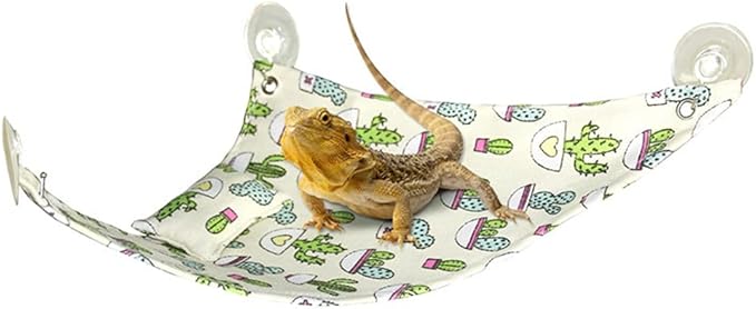 HAICHEN TEC Bearded Dragon Hammock Swing Hanging Bed Lounger Ladder with Adhesive Hooks and Suction Hook for Reptile Bearded Dragon Leopard Gecko Hamster Lizard (Cactus Pattern)
