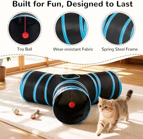Tempcore Cat Tunnel, 3-Way Collapsible Toy for Indoor Cats, Black & Blue - Image 5