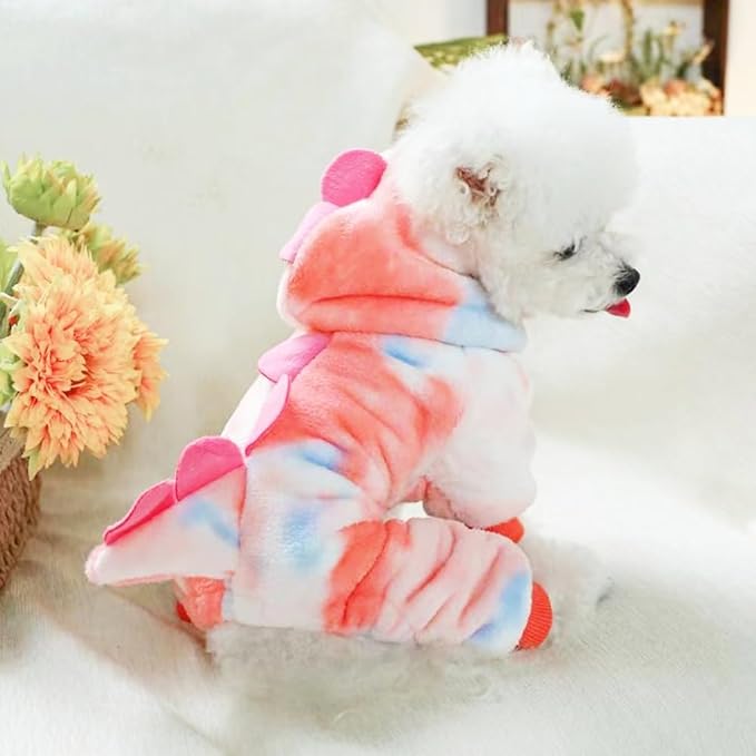 Dinosaur Dog Clothes for Small Puppy Girl, Boy: Fleece Winter Puppy Coat with Leash Ring, Cat Costume for Cold Weather, Funny Dinosaur Costume for Christmas, Halloween. (Pink, X-Large)