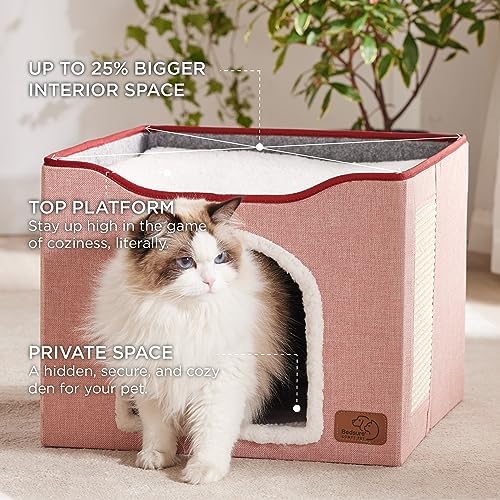 Bedsure Cat Beds for Indoor Cats - Large Cat Cave for Pet Cat House with Fluffy Ball Hanging and Scratch Pad, Foldable Cat Hideaway,16.5x16.5x13 inches, Pink - Image 2