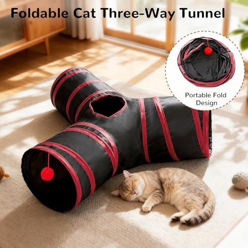 Tempcore Cat Tunnel, 3-Way Collapsible Toy for Indoor Cats, Black & Red - Image 6