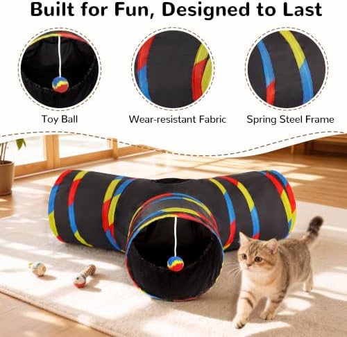 Tempcore Cat Tunnel, 3-Way Collapsible Toy for Indoor Cats, Black & Rainbow - Image 5