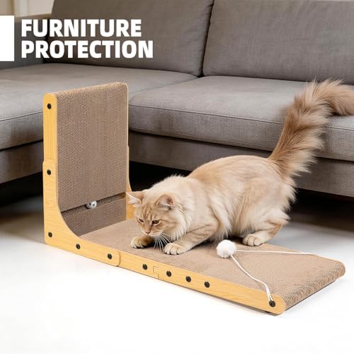 27.6 Inch Reinforced Cat Scratcher, L-Shaped Wall Mount Scratching Post with 2 Catnip Balls & 1 Fuzzy Ball Toy, Easy Flip Scratch Pad for Indoor Cats - Image 5