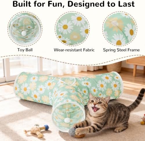 Tempcore Cat Tunnel, 3-Way Collapsible Toy, Large Size Daisy Green Printed - Image 5